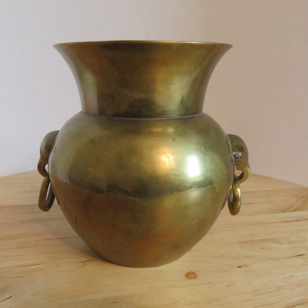 Vintage Solid Brass Vase Planter Elephant Head Ring Handles Aged Patina‎ 4.75in